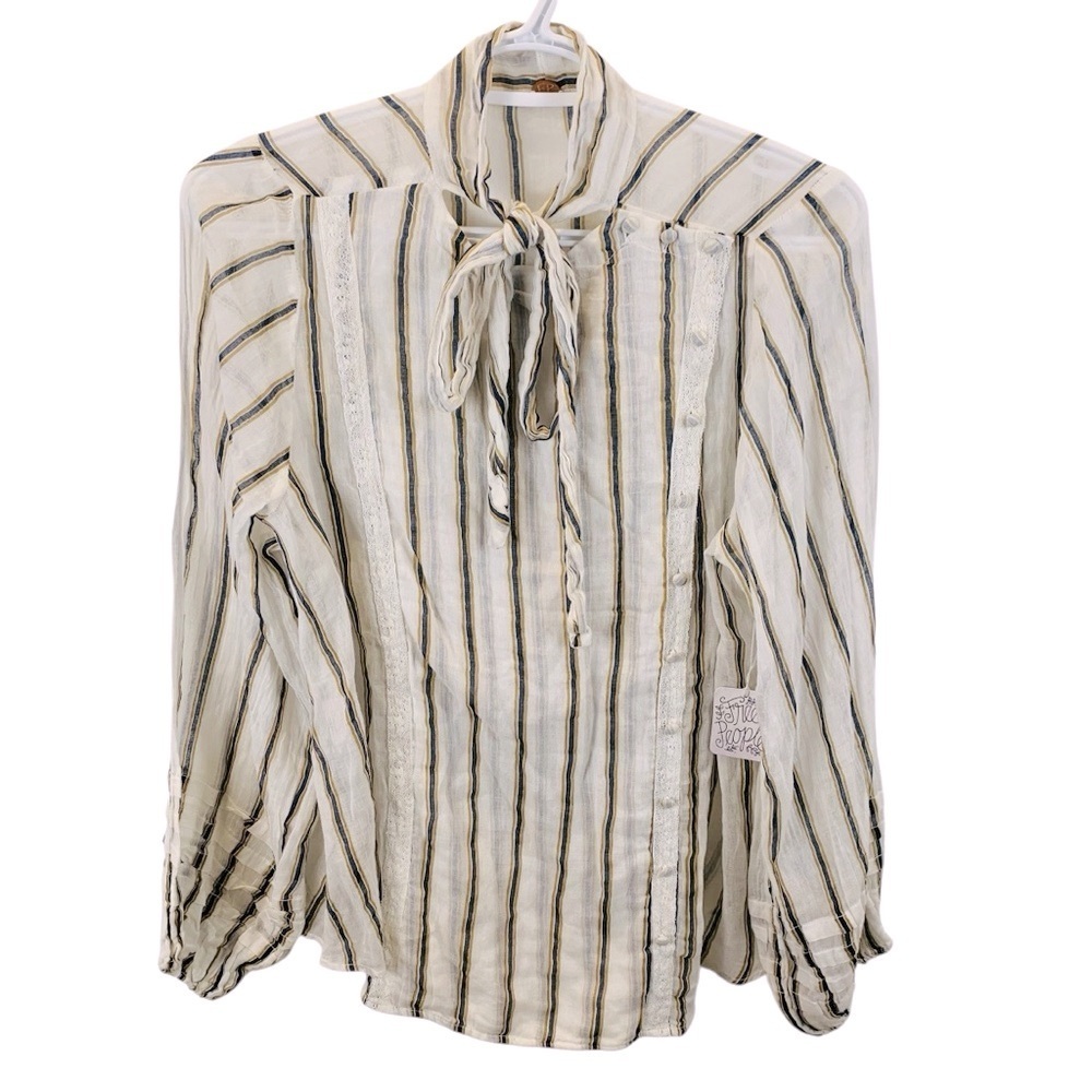 NWT Free People sz M Bow Collar Ivory Blue Semi-Sheer Striped Cotton Blouse